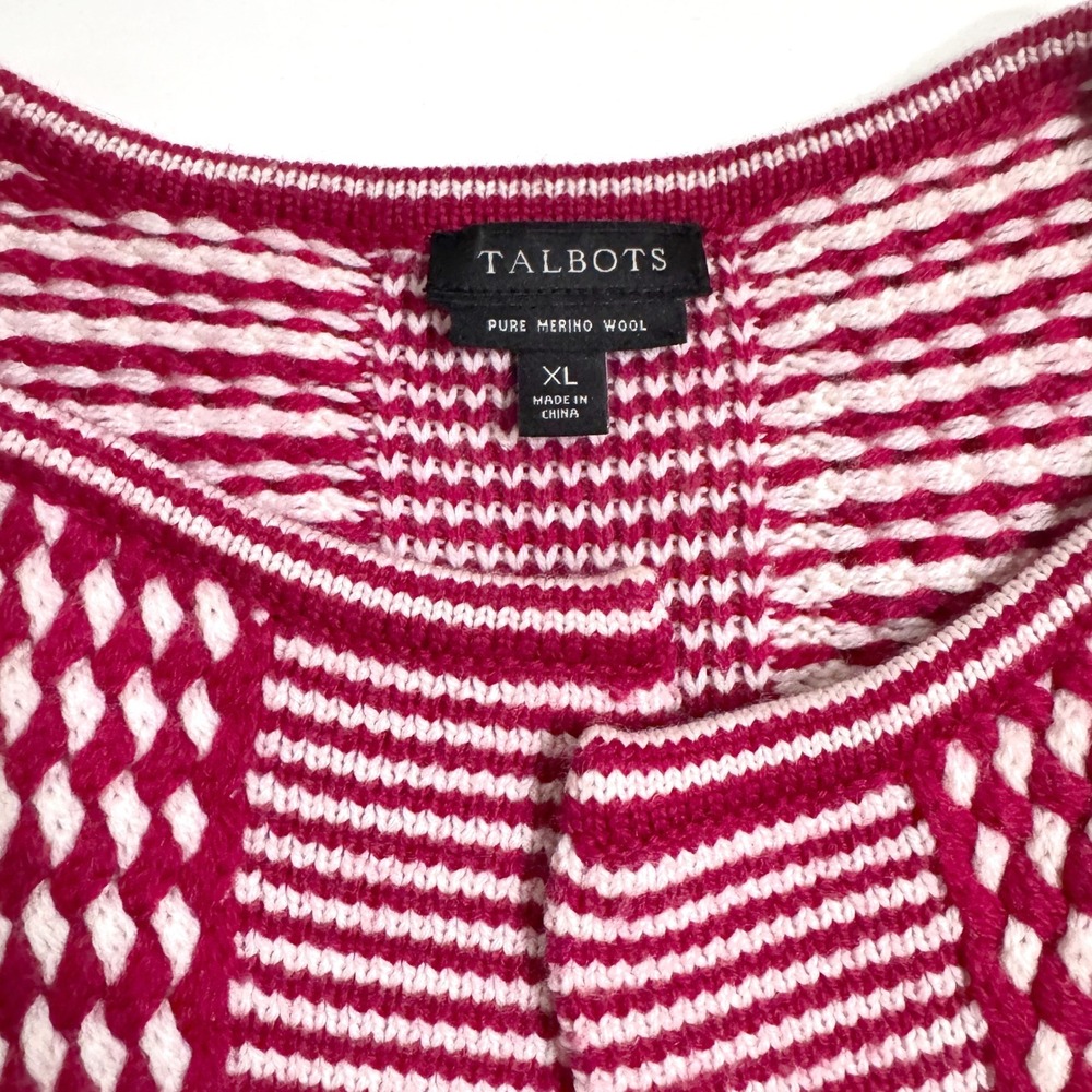 Talbots Longline Cardigan XL Red White Geometric Merino Wool Open Front Long - Picture 3 of 6